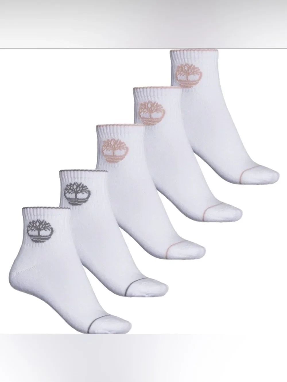 Timberland White Tan Gray Logo Cushioned Quarter Crew Cotton Blend Socks 5 pack